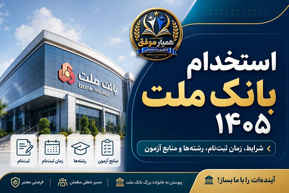 تصویر شاخص استخدام بانک ملت ۱۴۰۵ با موضوع شرایط، زمان ثبتنام، رشتهها و منابع آزمون