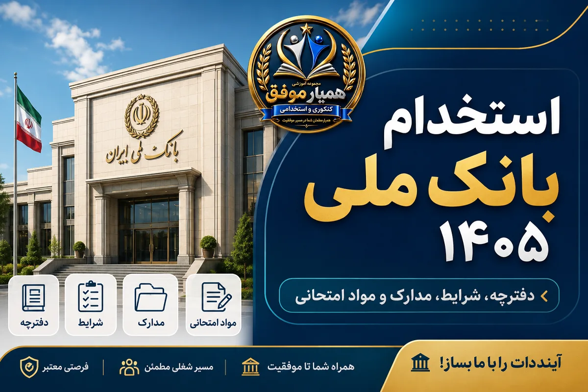 تصویر شاخص استخدام بانک ملی ۱۴۰۵ شامل دفترچه، شرایط، مدارک و مواد امتحانی