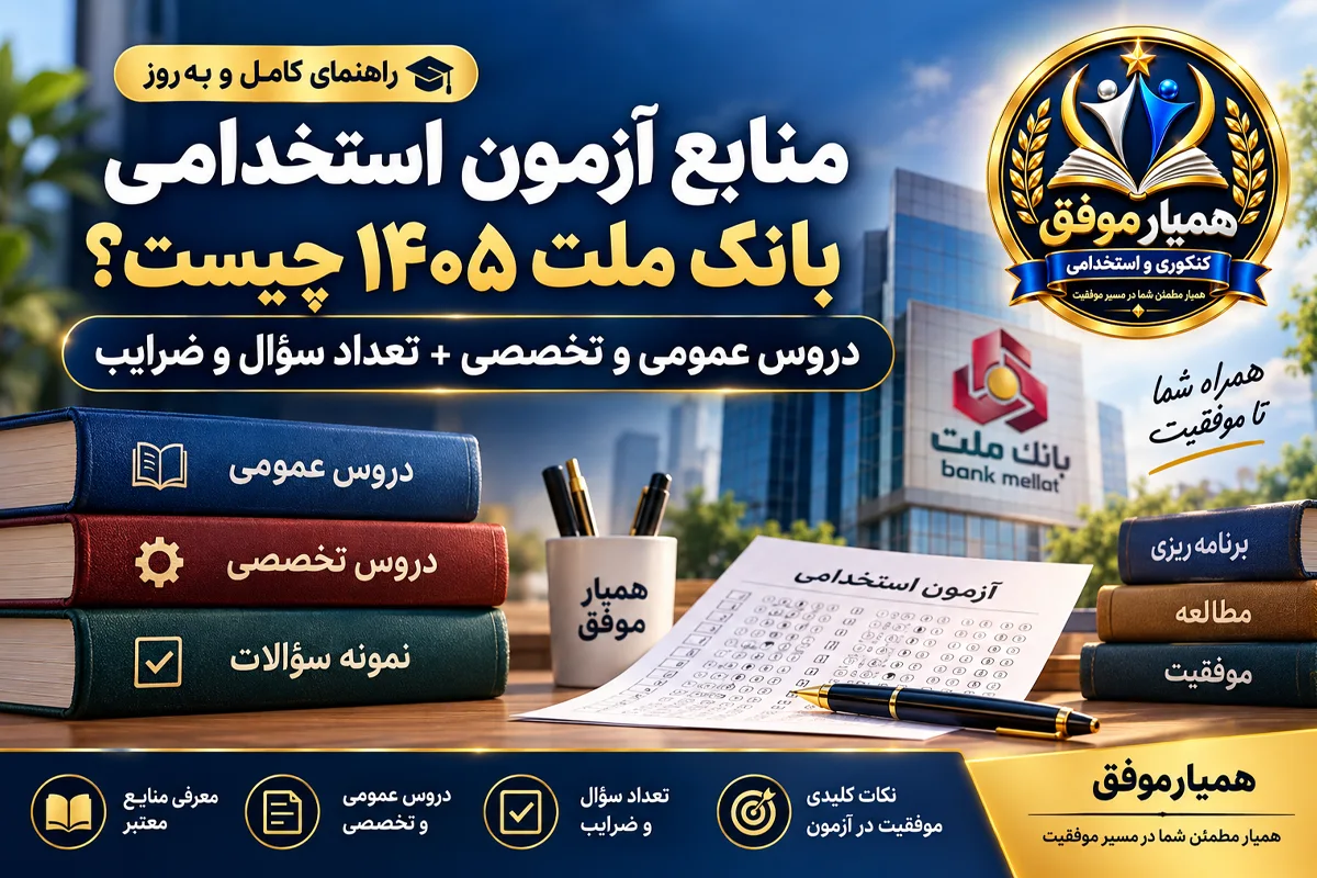 تصویر شاخص مقاله منابع آزمون استخدامی بانک ملت ۱۴۰۵ شامل دروس عمومی و تخصصی، تعداد سؤال و ضرایب