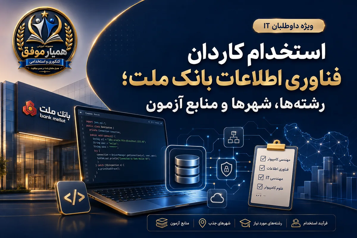 استخدام کاردان فناوری اطلاعات بانک ملت؛ رشتهها، شهرها و منابع آزمون IT