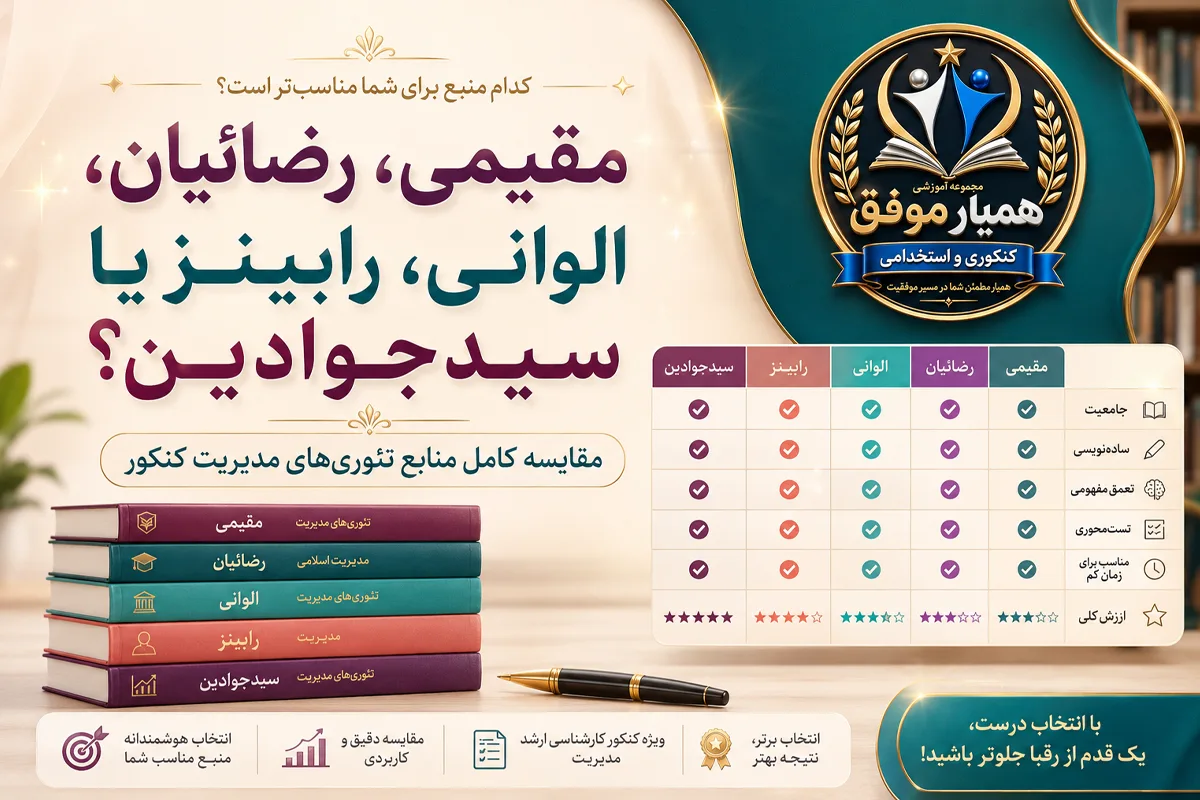مقایسه کتاب‌های مقیمی، رضائیان، الوانی، رابینز و سیدجوادین برای تئوری‌های مدیریت کنکور
